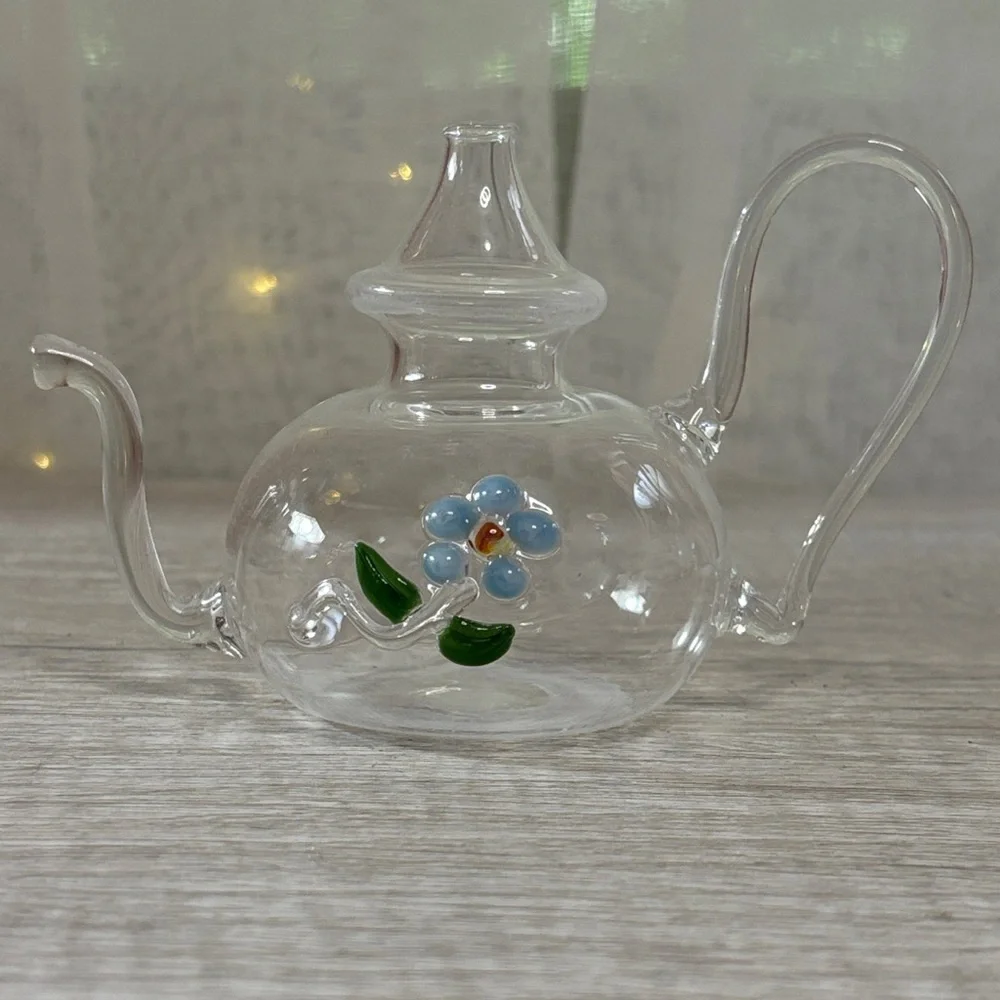Clear Glass Teapot with Blue Flower Design